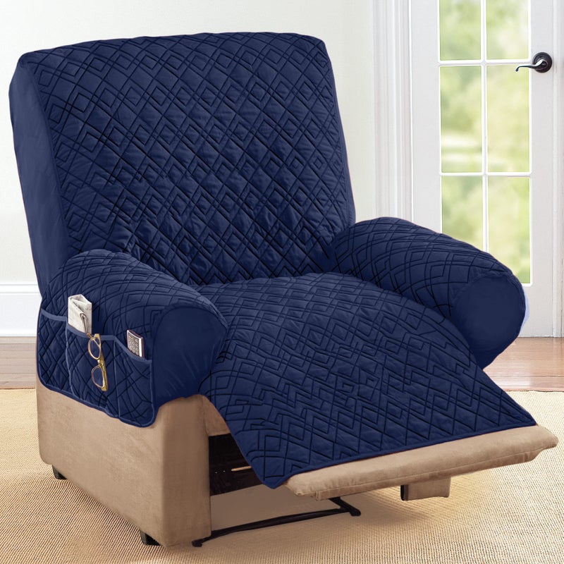 Collections Etc Diamond-Shape Quilted Stretch Recliner Cover with Storage Pockets and Elastic Straps - Furniture Protector - Image 2